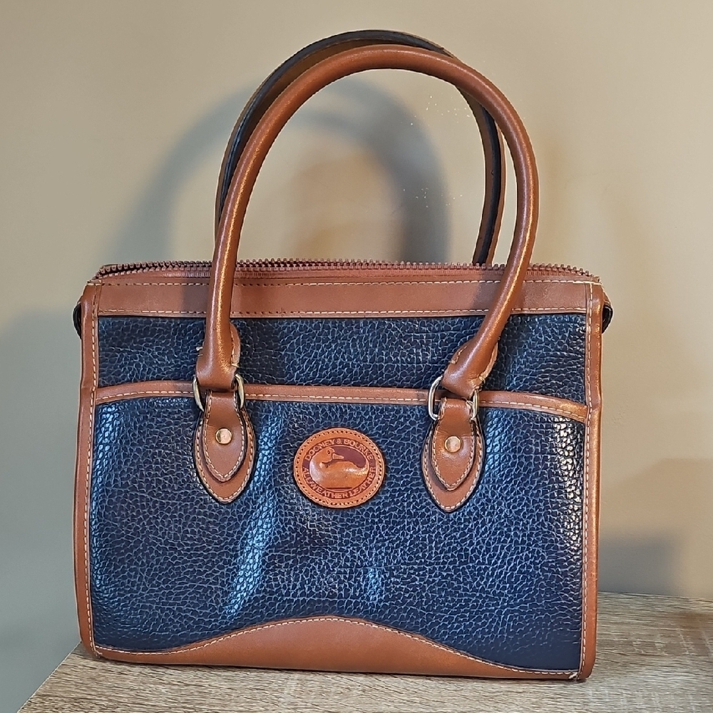 Vintage Dooney & Bourke Navy and Brown Pebbled Leather Satchel Handbag